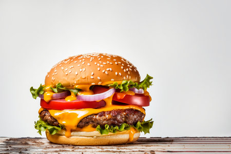 Close-up of delicious fresh hamburger on wooden tableの素材