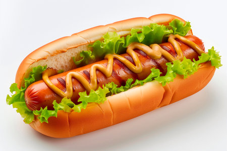 Delicious hot dog with mustard, isolated on white backgroundの素材