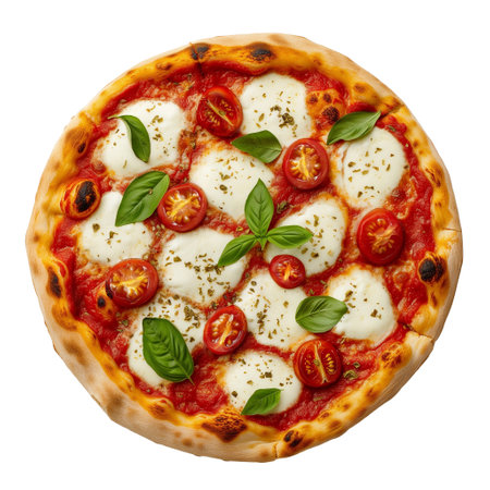 Pizza Margarita with Tomatoes, Basil and Mozzarella Cheese, top view.の素材