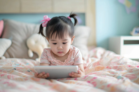 little girl playing tablet at homeの素材
