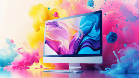 working place: laptop in colorful splash paintの素材