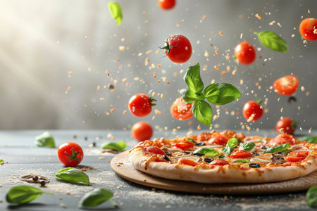 Fresh pizza with olives and champignon and tomatoの素材