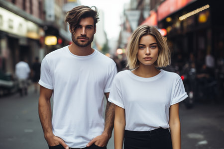 Handsome young man and beautiful woman in white t-shirts posing in the city.の素材