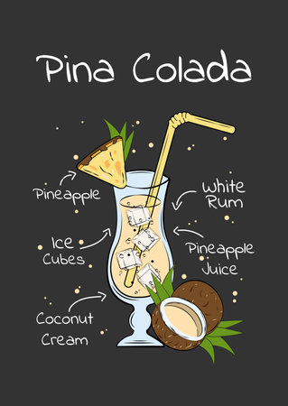 Pina Clolada Alcoholic Cocktail Recipe Hand Drawn Vector Illustration on Gray Background. Doodle Design Engraving of Alcohol Drink for Bar, Restaurant, Menu, Print. Hand Sketchのイラスト素材
