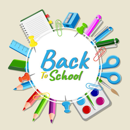 Back to School Round Design with School Supplies and Lettering on Brown Background. Vector Illustration Concept Banner Education with Pen, Pencil, Ruler, Notepad, Paperclip, Paint,のイラスト素材