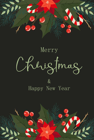Christmas and New Year Card. Beautiful Vector Illustration with Pine Branch, Poinsettia, Christmas Star, Holly Berry, Branch, Greetings and Lettering. EPS10のイラスト素材