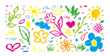 Charcoal Pencil Flowers for Kids in Vibrant Colors. Collection of Doodle Chalk Hand Drawn Squiggles. Vector Elements, Cloud, Sun, Flower, Leaves, Plants, Strokes, Scribbles, heart.のイラスト素材