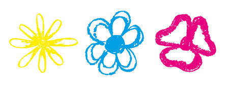 Hand drawing of colored flowers with charcoal pencil on white background. Illustration of flower with chalk Pencil for kids. Plant drawing with chalk for banners, posters, web.のイラスト素材