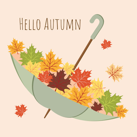 Trendy Autumn Greeting Card with Umbrella and Maple Leaves. Modern Fall Poster in Flat style. Minimalism Art Design Holiday Covers, Banner with trendy typography for website, sale.のイラスト素材