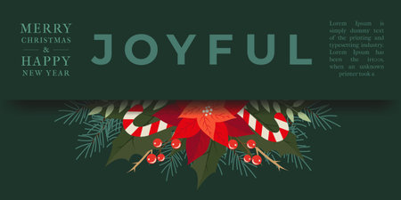 Modern Xmas and New Year trendy Banner with Fir Branch, Red Berries and Christmas Candy. Cute, Bright, Trendy Christmas Holiday Frame in Flat Style for Social Media, Website, Salesのイラスト素材