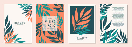 Modern set botanical vector Design background in Trendy colors for card, banner, invitation, social media post, poster, mobile apps, web ads, social media, sale. Creative concept.のイラスト素材