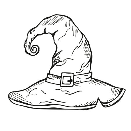 Doodle witch hat. Sketchy pointed hat. Decorative element for Halloween design. Hand drawn icon on white background. Vector illustration for cards, banner, poster, social media, web.のイラスト素材