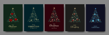 Collection of banners with decorated Christmas tree, fir branches, lights, New Year elements and typography. Vector concept of greeting cards design. Merry Christmas, Happy Newのイラスト素材