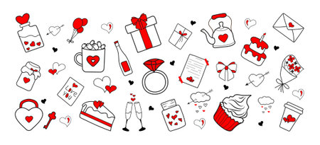 Cute Doodle Set Line Art Valentine's Day Icons. Collection Love Elements for Wallpaper, flyers, invitations, posters, brochures, banners, web, social media. Vector Illustration.のイラスト素材