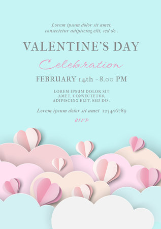 Happy Valentine's Day Invitation Card. Cute Poster with 3D Papercut Heart and Cloud. Modern Design Suitable for Invitation.のイラスト素材