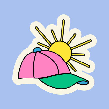 Cute bright baseball cap with the sun in the background on a blue background vector illustration for clothing decal doodle style u2kのイラスト素材