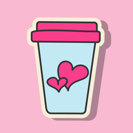 Doodle Y2K Sticker Mug with Heart Isolated on Pink Background. Vector Illustration Cute Hand Drawn Coffee Element. Sticker Suitable for Valentine's Day, Birthday, Wedding.のイラスト素材