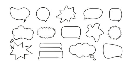Doodle Speech Bubble Set Different Shape on White Background. Hand Drawn Chat Balloon. Cute Frame speech bubble Collection. Blocks for Text Box. Dialogue Vector Set in Styleのイラスト素材
