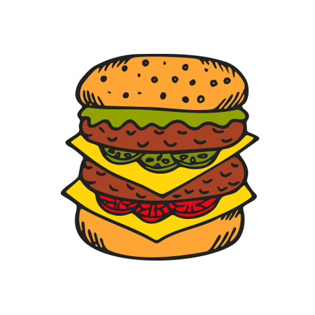 Hand Drawn Hamburger Isolated on White Background. Doodle Bright Colorful Burger. Hamburger Day Sketch Element. Vector Illustrationのイラスト素材