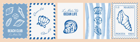 Vintage Stamp set with Doodle or Hand Drawn Shells and Italian Cute Handwritten Typography. Wall Art Summer Postcard Stamp with Ocean Sea Elements. Beach Frame or Border Elementのイラスト素材
