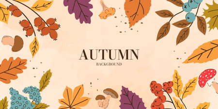 Abstract Autumn Fall Banner Template with Trendy Flat Leaves, Berries, Mushrooms, Branches on Watercolor Background. Fall Poster with Autumn Trendy Element. Vector Colorful Harvestのイラスト素材
