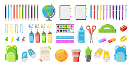 Back to school. School Supplies Set for Children in Flat Cartoon Style isolated on white background. Education Cute Colorful Equipment Icon Element item Collection for Kid. Vectorのイラスト素材