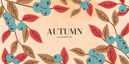 Autumn Background with Abstract Leaves and Blueberries or Bilberries on Watercolor Background. Fall Seasonal Banner with Foliage leaf and Blue Berries. Autumn Vector Illustrationのイラスト素材
