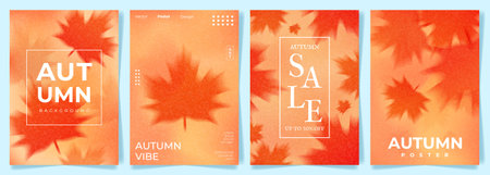 Autumn Gradient posters Blur Leaf Leaves and Texture. Trendy Bright Abstract Vector Flyers with Colourful Gradation and Blurred Fall Maple Grainy Backgrounds for Autumn