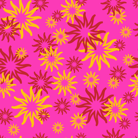Seamless Pattern with Shiny Bright Yellow Sun on Pink Backgroundのイラスト素材