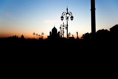 Evening silhouette Christ the Savior Cathedral and lightsの写真素材