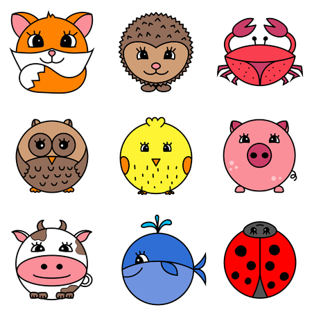 Set of nine cute cartoon circle animalsのイラスト素材