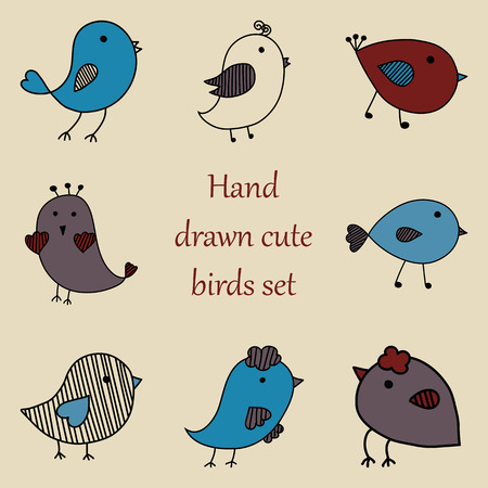 Hand drawn cute cartoon birds. Vector setのイラスト素材