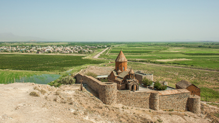 Beautiful ancient armenian monastery on the hill, Khor Virapの写真素材