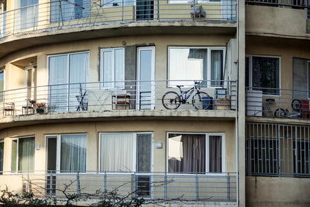 Balconies and windows in living house in Tbilisi, Georgiaの写真素材