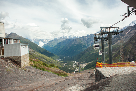 Russia, Elbrus. Cable car in the ski resort, view of Caucasus mountainsの写真素材