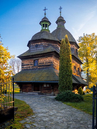 Zhovkva, Ukraine - October 2017: Antique wooden churchのeditorial素材