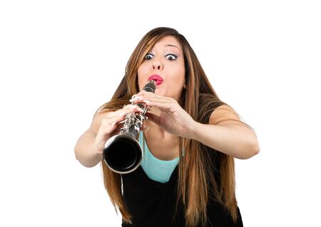 Funny woman with her clarinetの写真素材