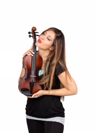 Funny beautiful woman holding her violin isolatedの写真素材
