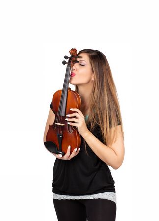 Funny beautiful woman holding her violin isolatedの写真素材