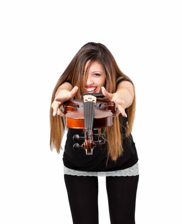 Funny beautiful woman holding her violin isolatedの写真素材