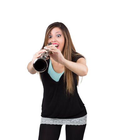 Funny woman with clarinetの写真素材