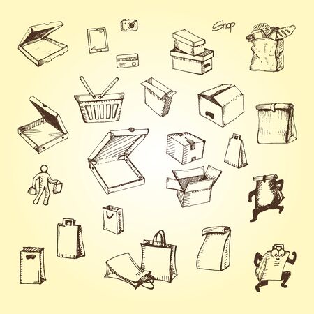 hand illustration of box, pizza box, take away, delivery, shopping bag, paper bagのイラスト素材