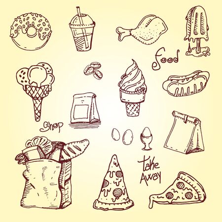 Set fast food. Coffee, ice cream, pizza, hotdog, shopping bag, bag, take awayのイラスト素材