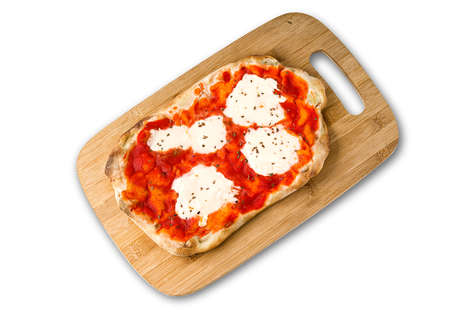 Square pizza or pinza romana with melted mozzarella cheese, red tomatoes and fresh origan on white background, top viewの写真素材