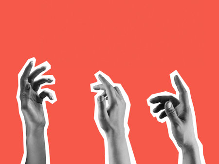 Three open hands showing their palm isolated on red background. Art collage.の写真素材
