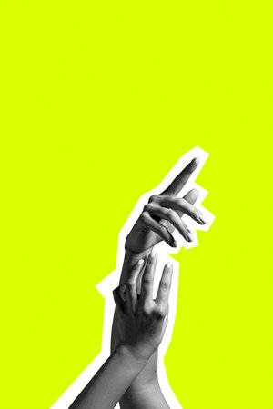 Contemporary art collage. Female or male hands isolated over yellow background.