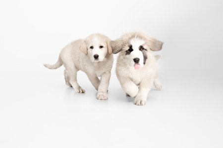 Two cute Central Asian shepherd puppies isolated on white background.