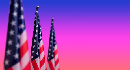 National flag of the USA isolated over gradient pink blue colors background.