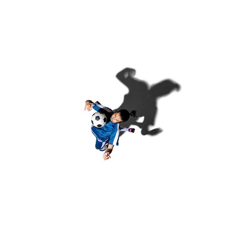 Top view of Caucasian man soccer player isolated on white background with shadowの写真素材