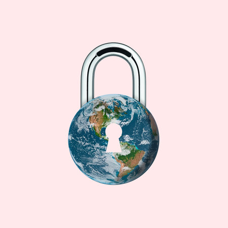 Contemporary art collage. Planet Earth closed for everyone during pandemia.の写真素材
